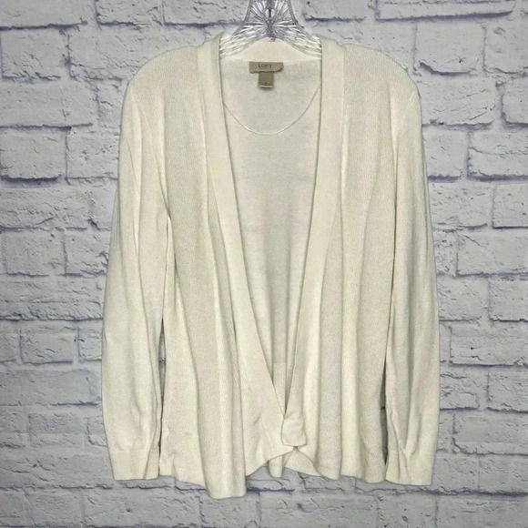 Ann Taylor Loft White Ribbed Open Cardigan Sweater - Picture 2 of 6
